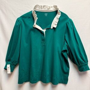 crown & ivy NWT Teal Polo Top with Cream Ruffle Collar
